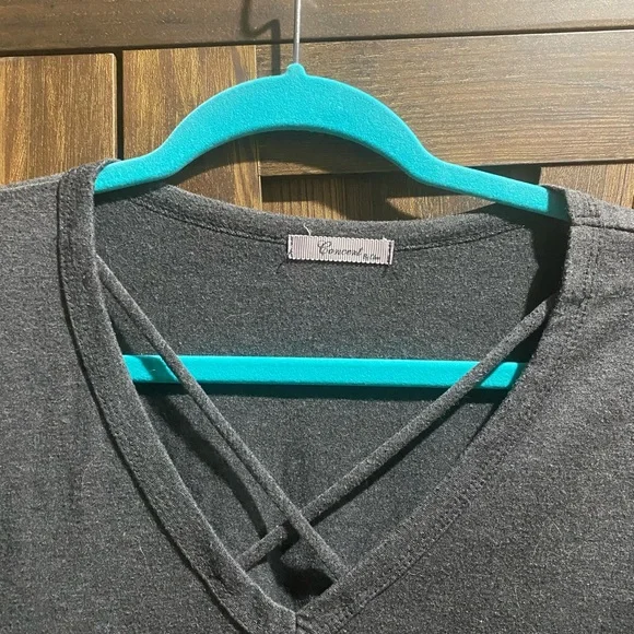 Dark Gry Short Sleeve T Shirt Concert By C Top With Cross Accent In Front Blouse - Picture 2 of 5